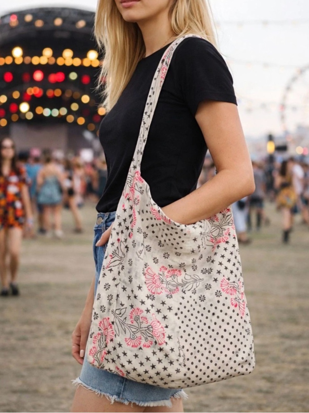 Free People Boho Floral LightweightSheer Shoulder Tote Bag in Cream and Pink